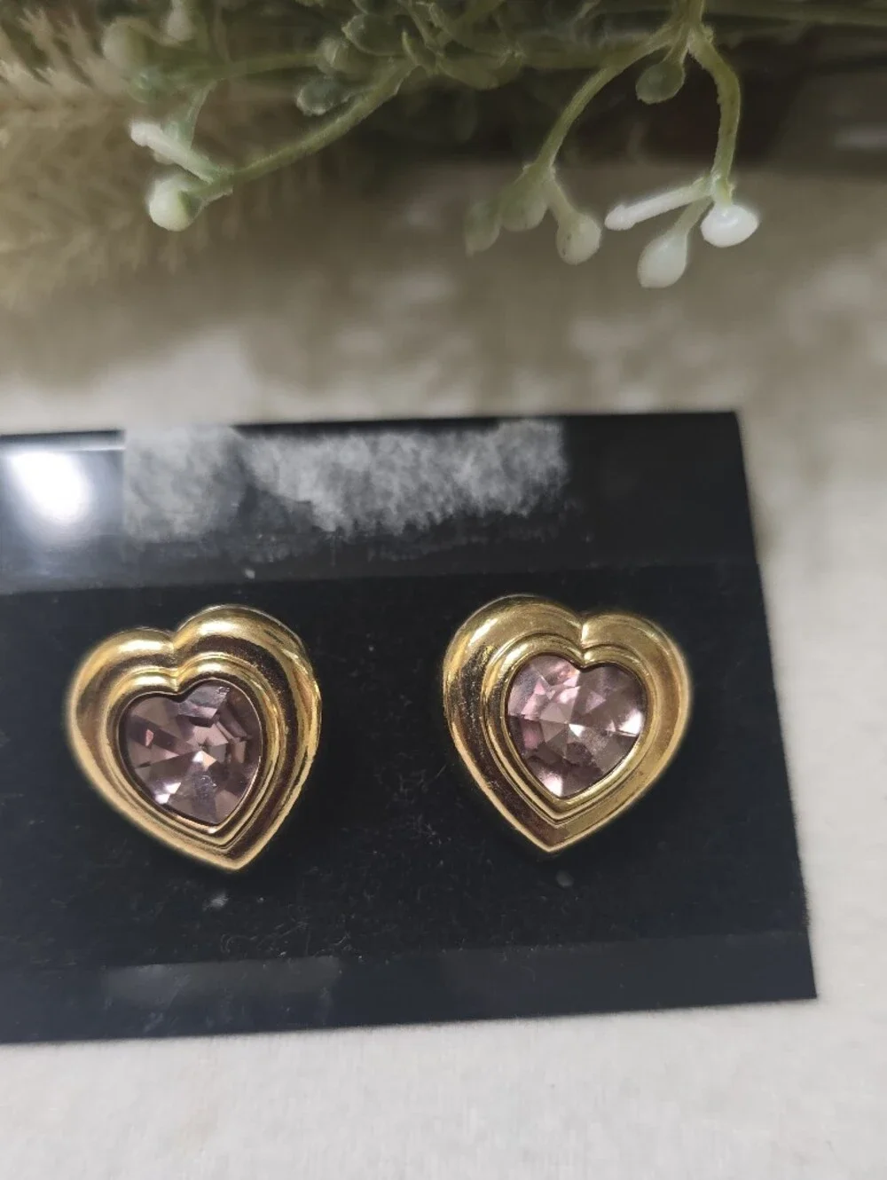Gold Heart Stud Earrings with Pink Gemstone